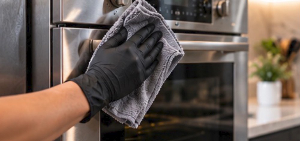 Gloved hand cleaning an oven