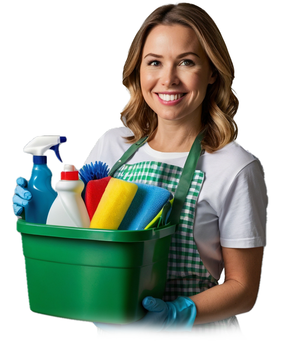 Cleaner holding a caddy of cleaning supplies